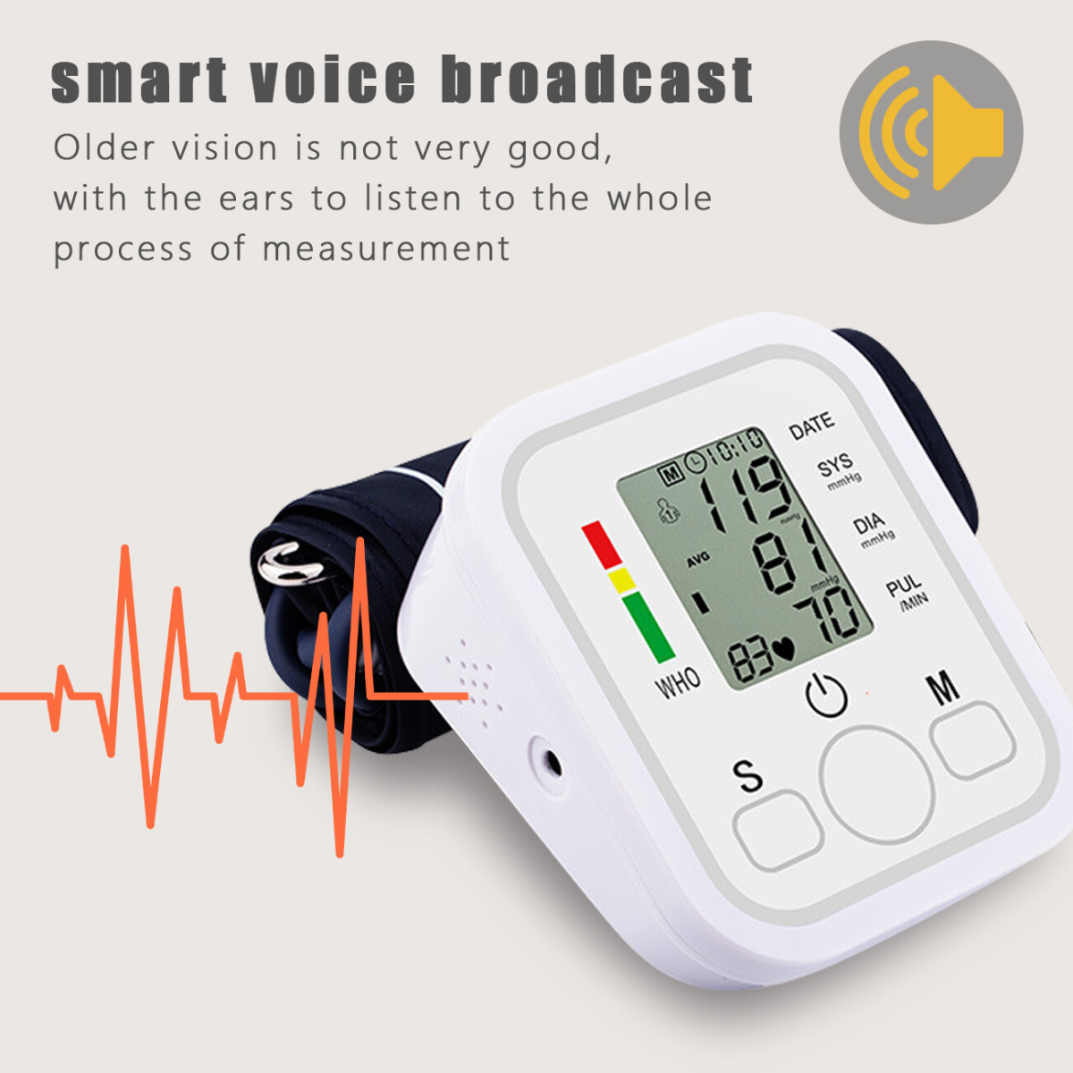 LCD Digital Automatic Blood Pressure Monitor Upper Arm BP Heart Rate Machine Voice Talking BP Monitor