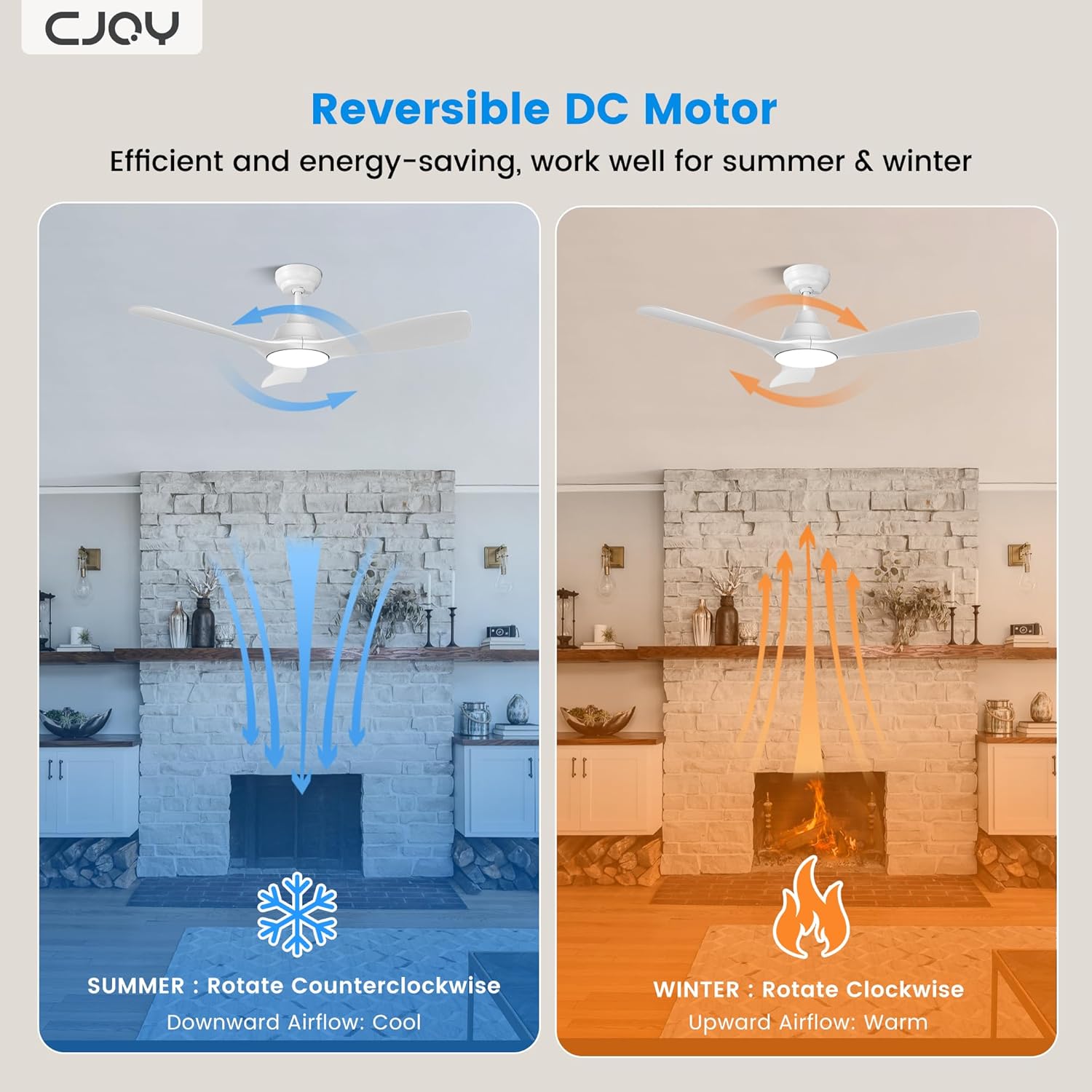 CJOY 42" White Ceiling Fan with Light, Remote, Timer, Quiet DC Motor, 6 Speeds