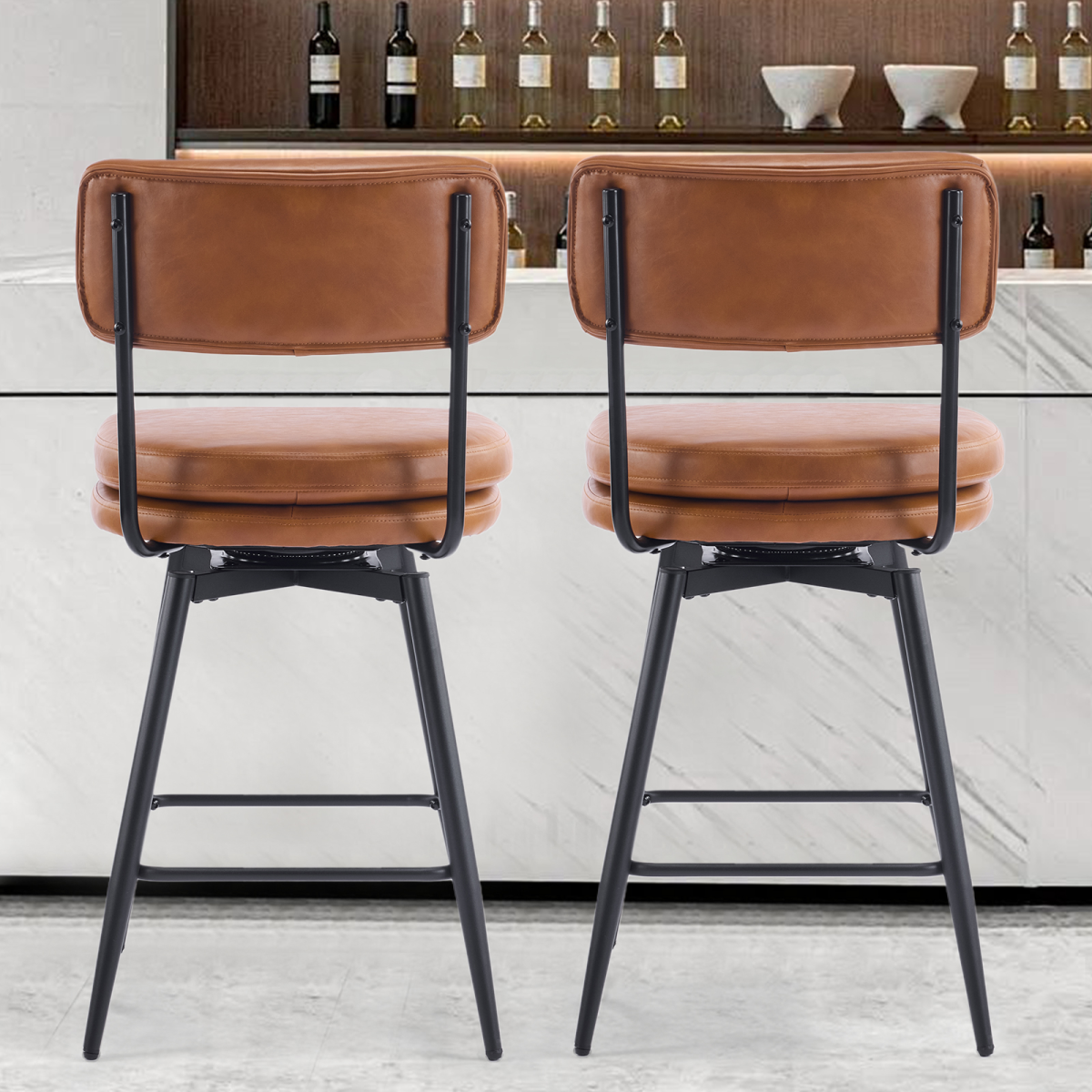 2 Pcs Brown PU Swivel Bar Stools with Removable Backrest & Double-Layer Seat, Metal Legs