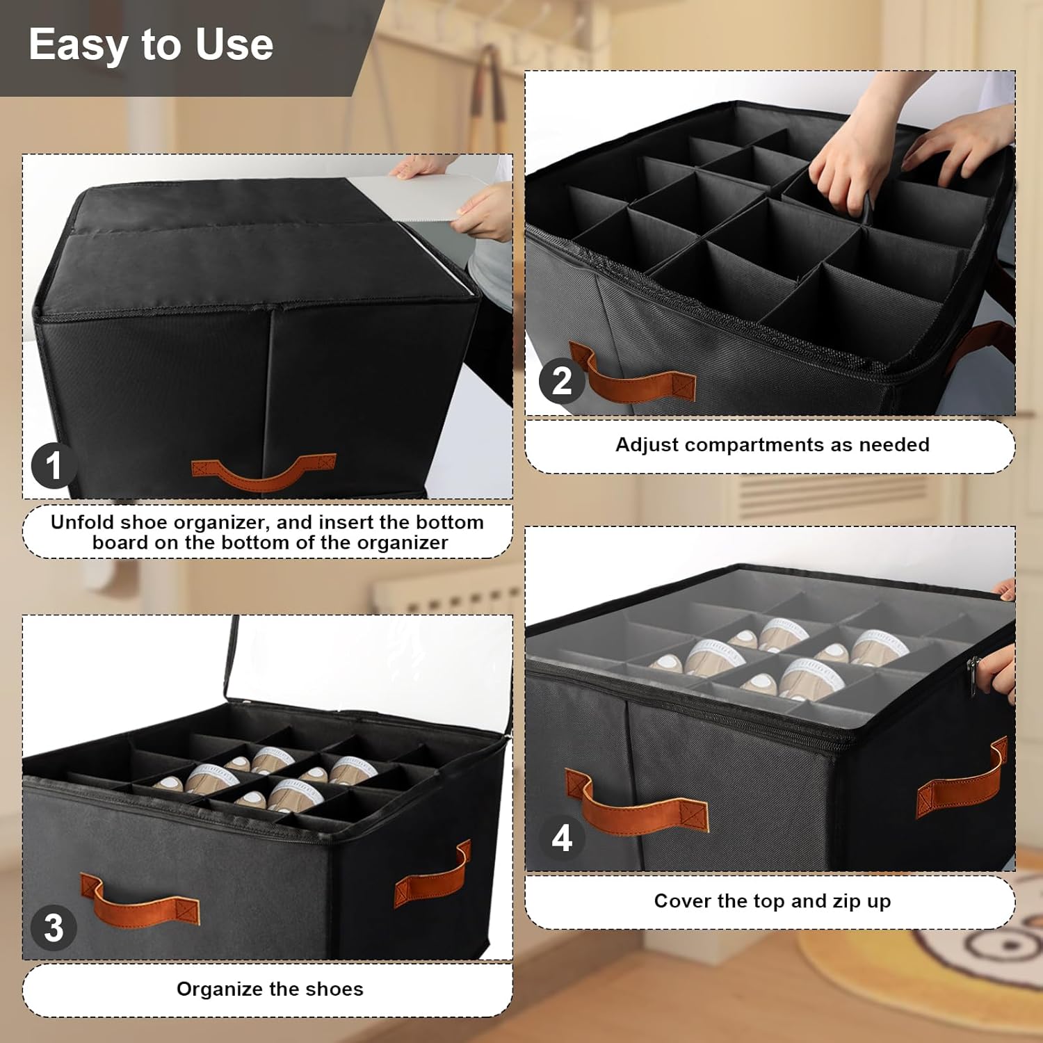 Shoe Organizer 16 Grid Adjustable with Clear Dust Cover Foldable Storage Hiyorsoa