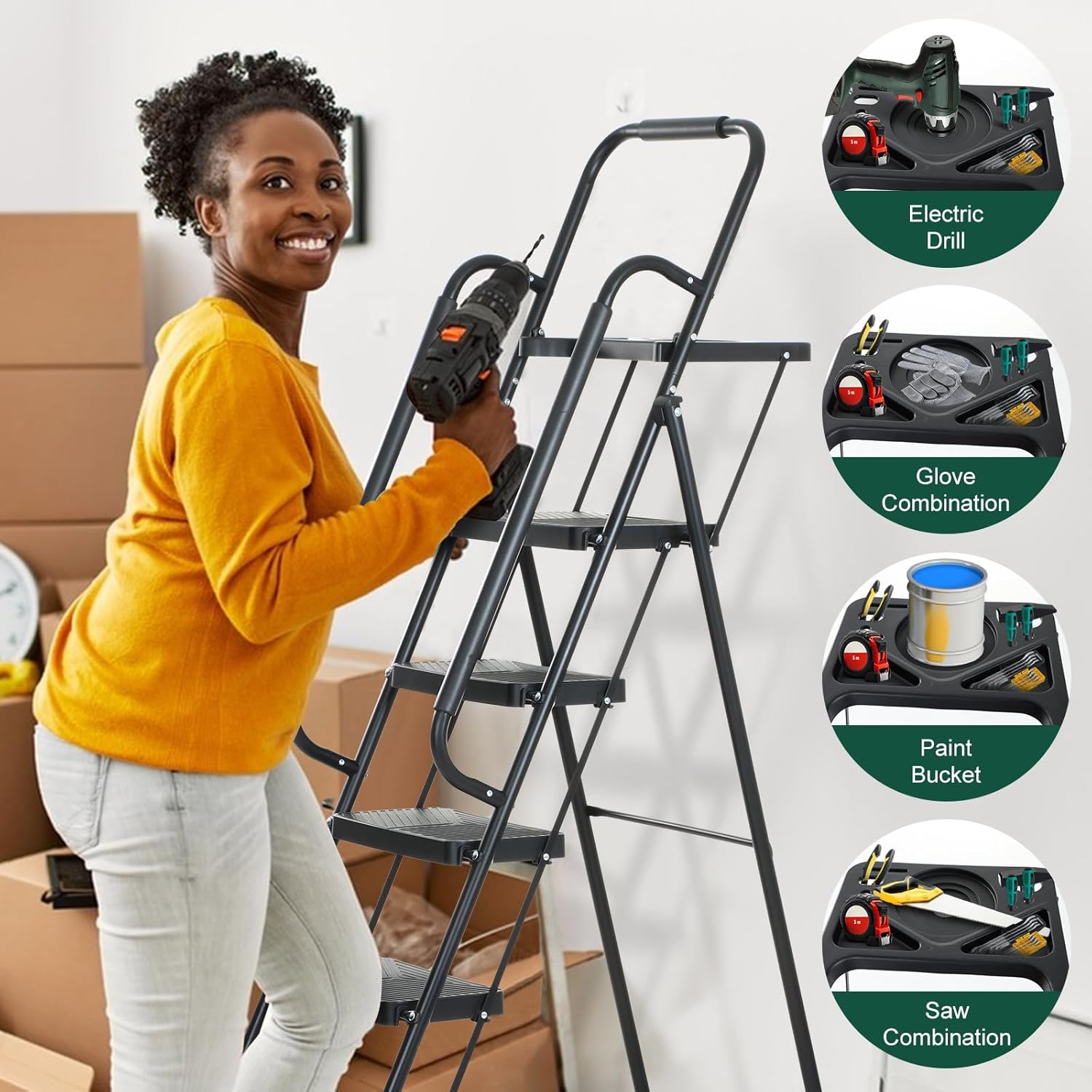 EPROSMIN 5-Step Ladder with Handrails – Folding Step Stool with Tool Tray