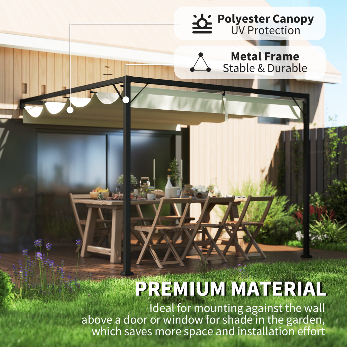 Outsunny 3 x 3(m) Outdoor Pergola Retractable Canopy Wall Mounted, Cream