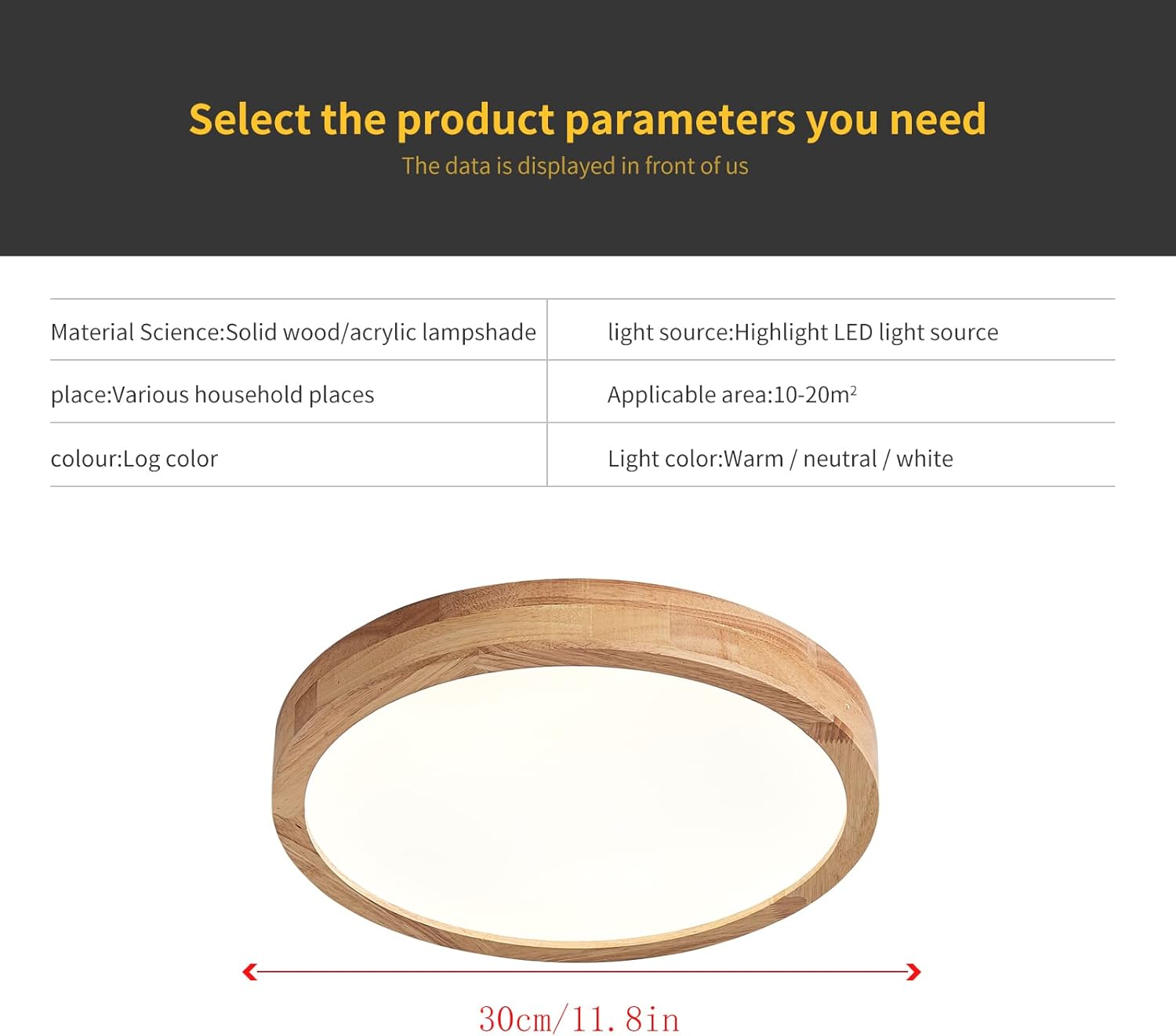 Schindora Wooden LED Ceiling Light, 20W Ø30cm Warm White for Home Rooms
