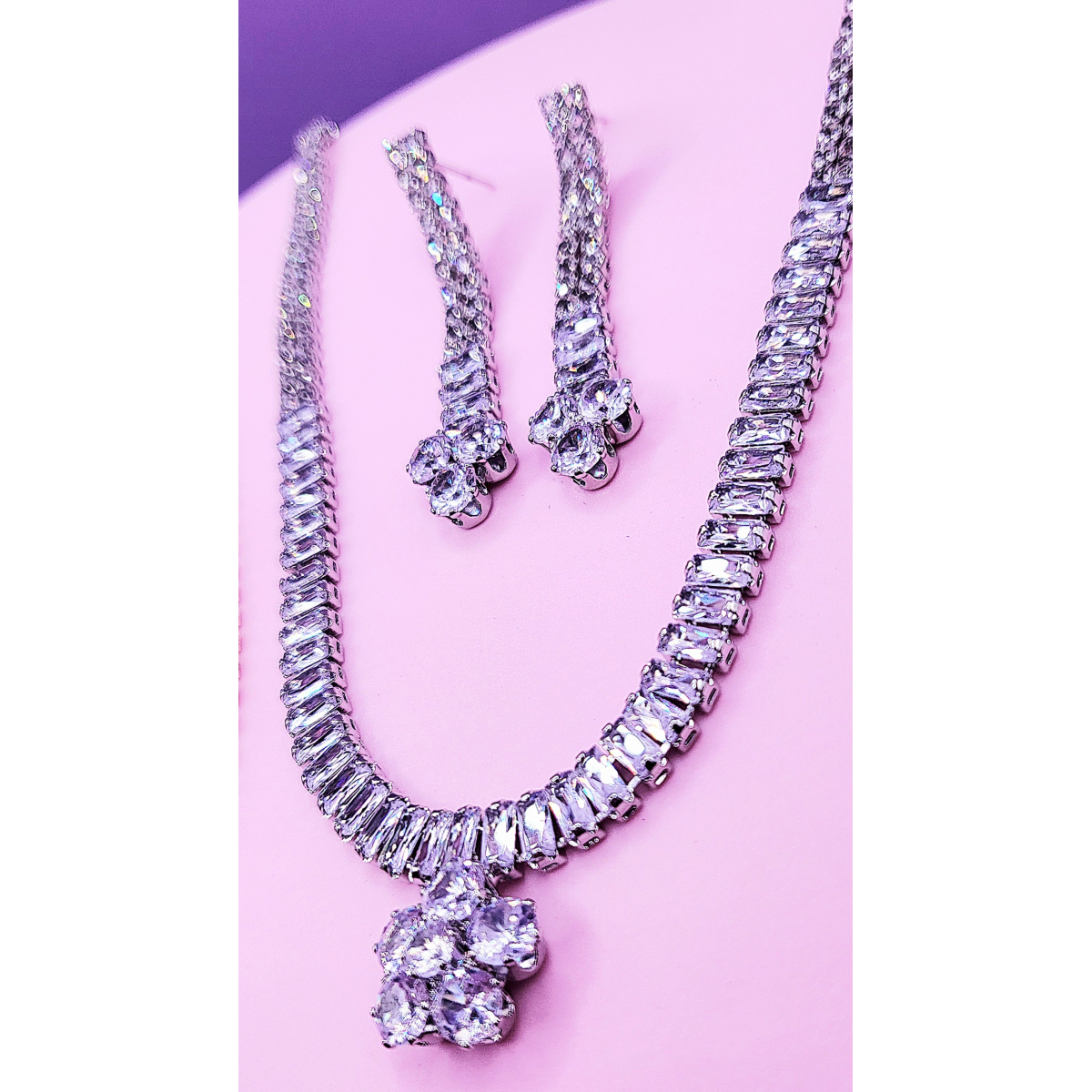 Flower Crystal Baguette Cut Layered Necklace Set