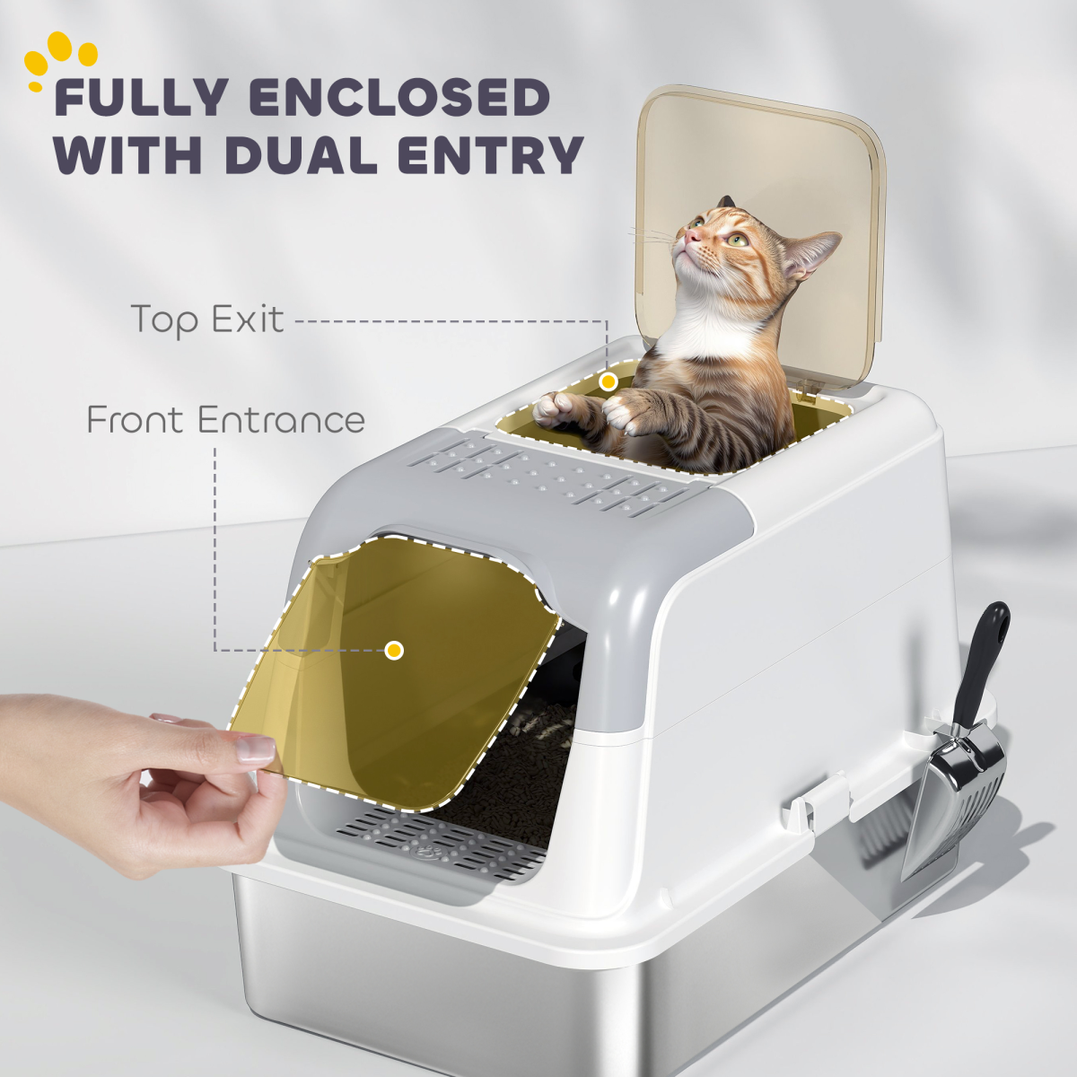 PawHut Stainless Steel Litter Box, Enclosed Metal Litter Tray with Scoop