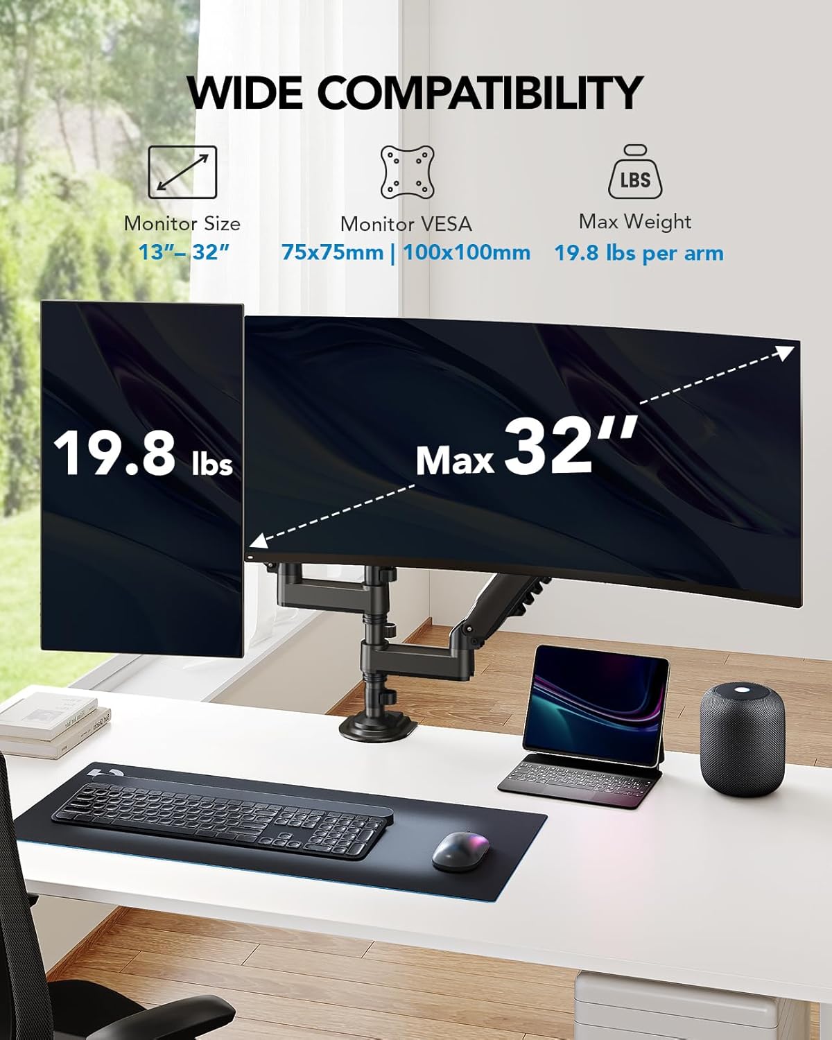Dual Monitor Stand Long Arms 13 to 32 Inch Taller Adjustable Mount HUANUO