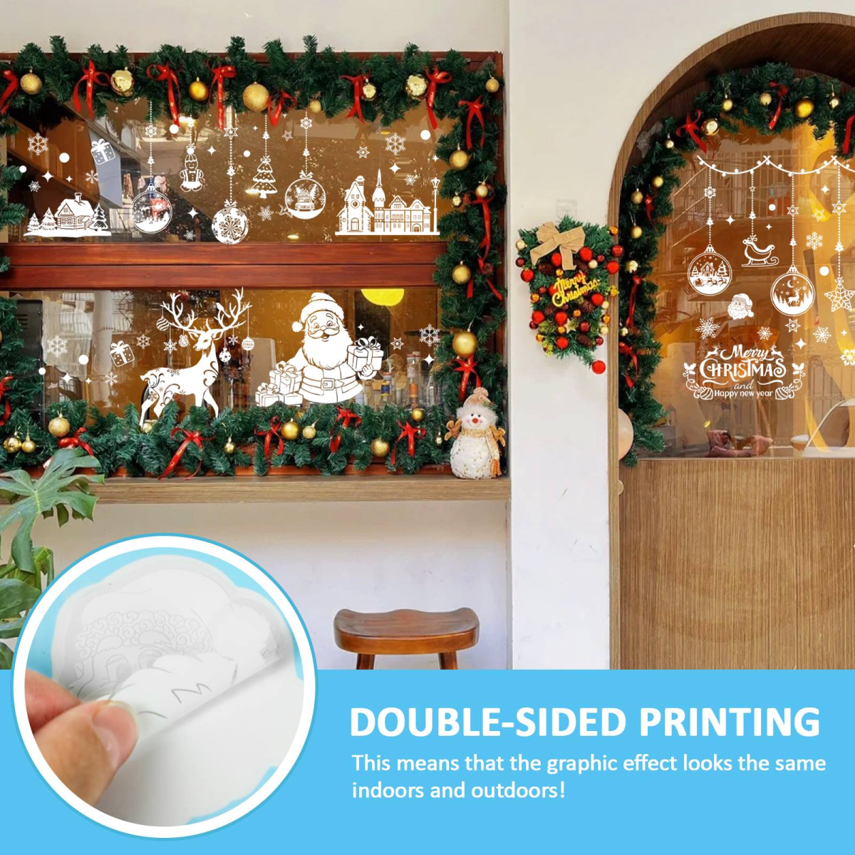 epfaivy Christmas Window Stickers Reusable 202Pcs - Double Sided Xmas Window Stickers Christmas Scene, White Father Christmas Reindeer Stickers, Removable Window Clings for Christmas Decorations
