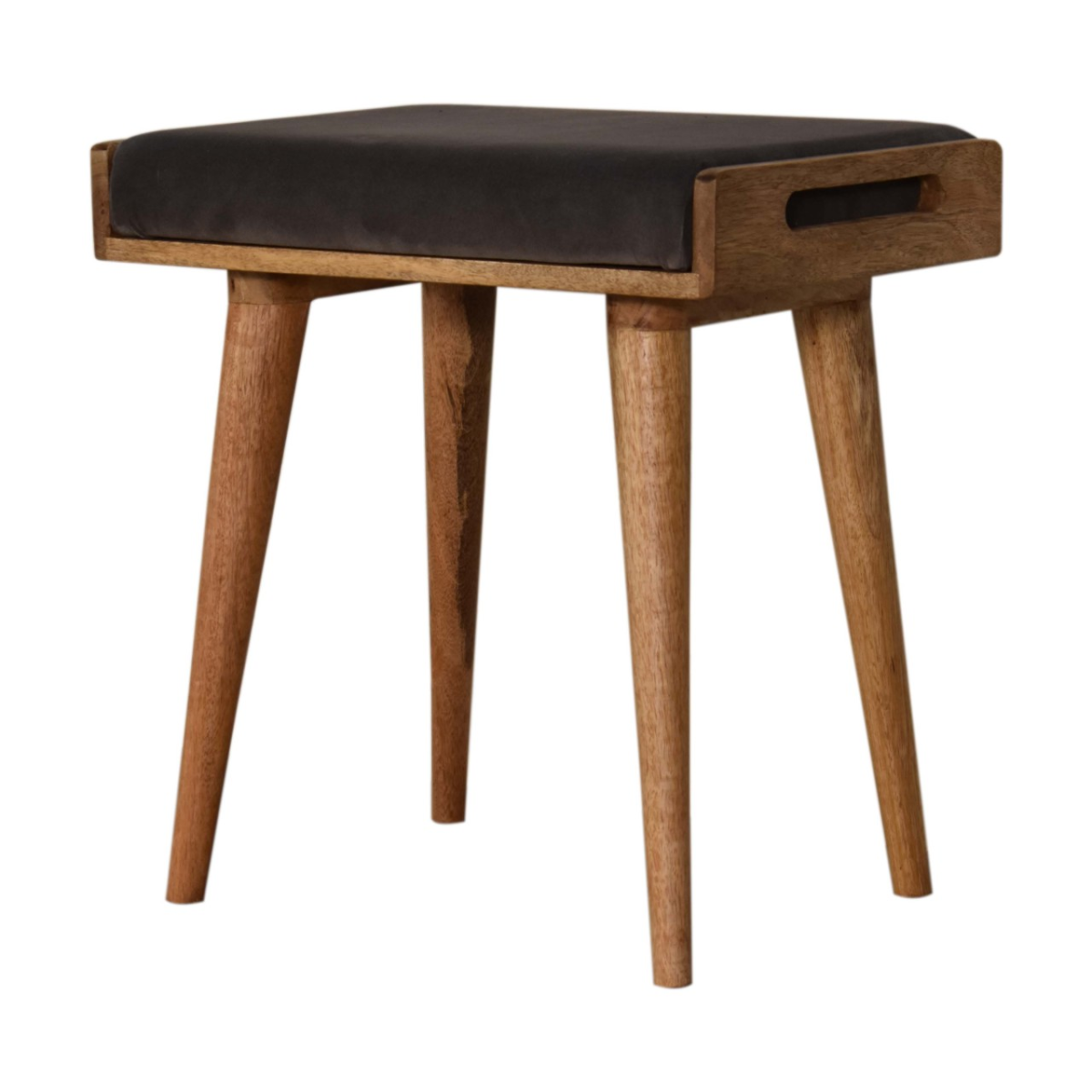 Artisan Furniture Solid Mango Wood Grey Velvet Tray Style Footstool