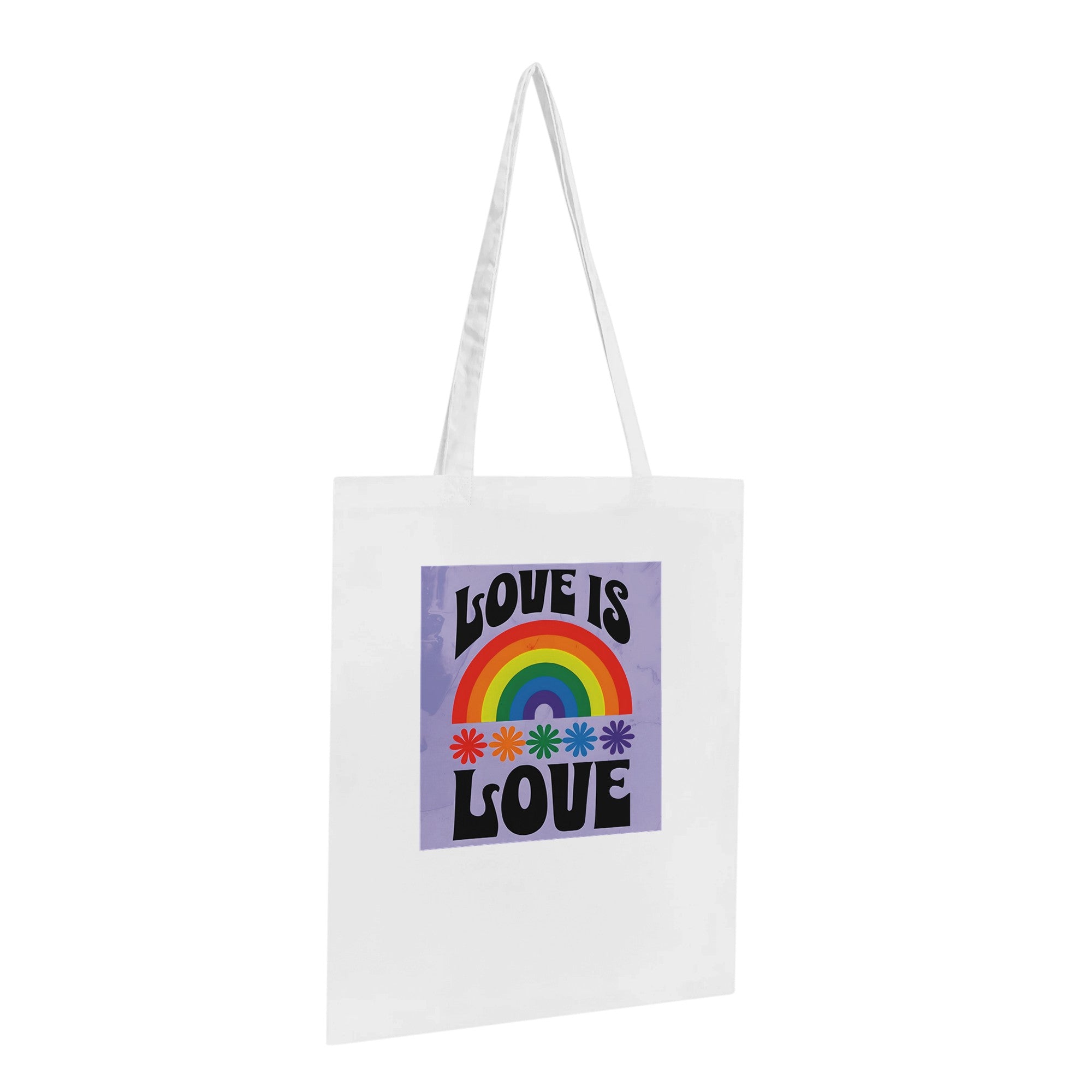 Love Is Love Tote Bag – LGBTQ+ Pride Rainbow Shopper Bag - Eco-Friendly Reusable Cotton Tote with Retro 70s Style Design