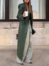 Olive Green Leather Maxi Trench Coat With Shoulder Pads