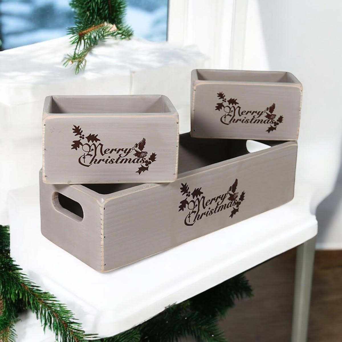 34/15/15CM SET 3 RUSTIC GREY WOODEN BOXES