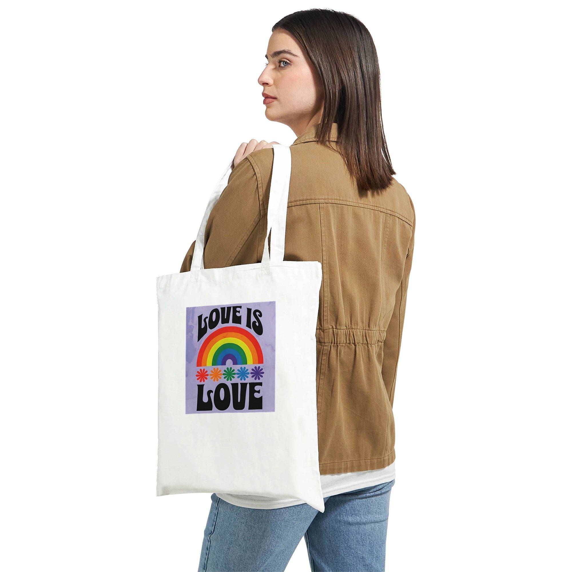 Love Is Love Tote Bag – LGBTQ+ Pride Rainbow Shopper Bag - Eco-Friendly Reusable Cotton Tote with Retro 70s Style Design