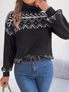Women Ethnic Style Vintage Jacquard Lantern Sleeve Turtleneck Sweater
