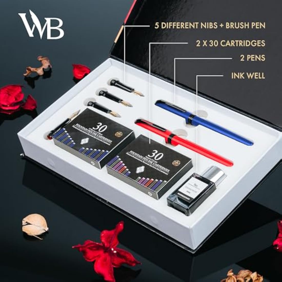 Wordsworth & Black Calligraphy Pen Set - Blue - Includes 2 Pens, 18 ML Ink Bottle, 60 Cartridges, 1 Medium & 4 Broad Nibs, Brush Pen - Calligraphy Kit for Beginners