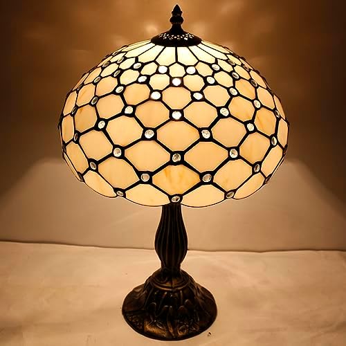 WERFACTORY Tiffany Lamp Cream Amber Stained Glass Bead Table Lamp Desk Bedside Reading Light 12X12X18 Inches Deco Bedroom Living Room Home Office S005 Series