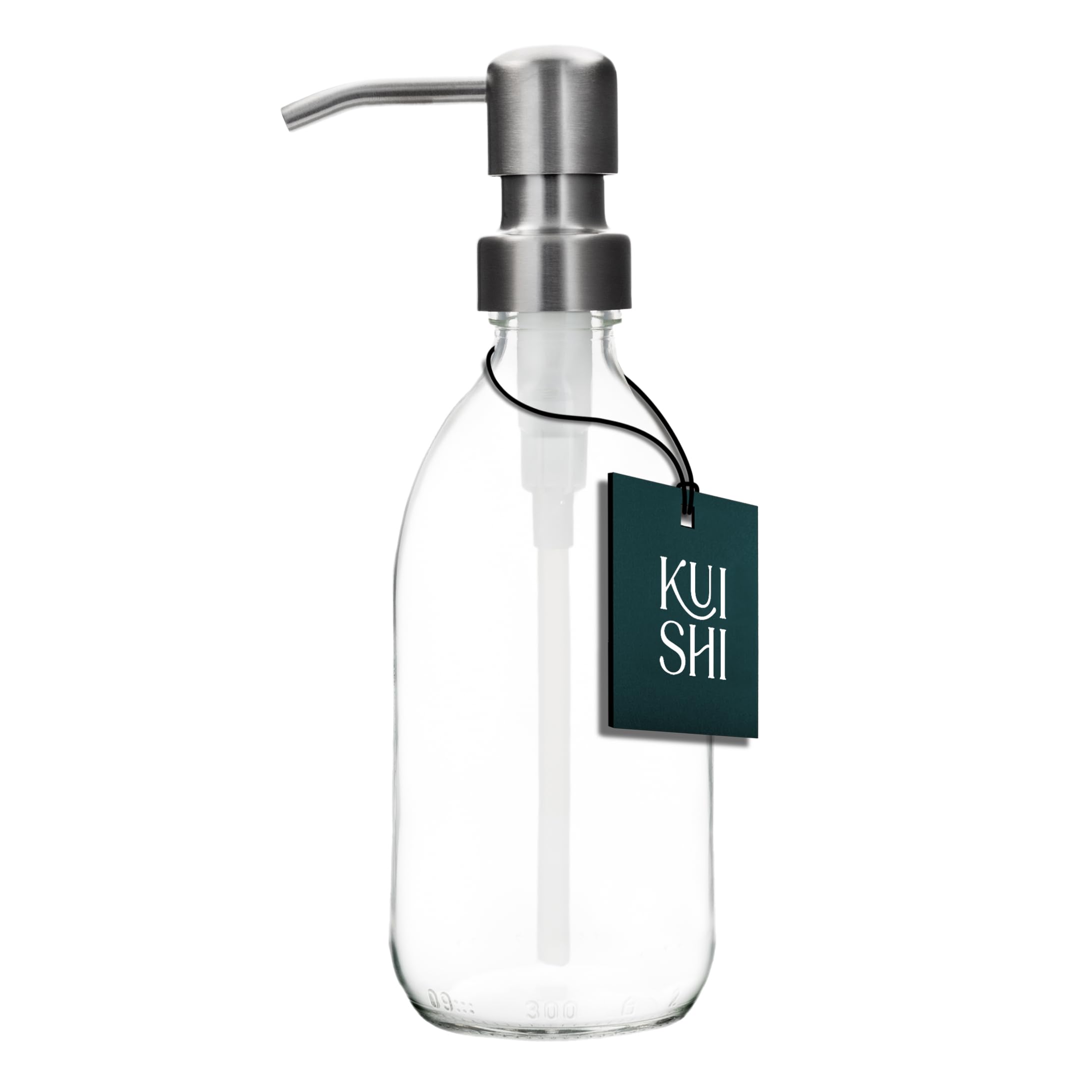 Kuishi Clear Glass Soap Dispenser [300ml, Silver Pump] Refillable Amber Glass Bottle with Stainless Steel Pump, Eco-Friendly (BPA-Free)