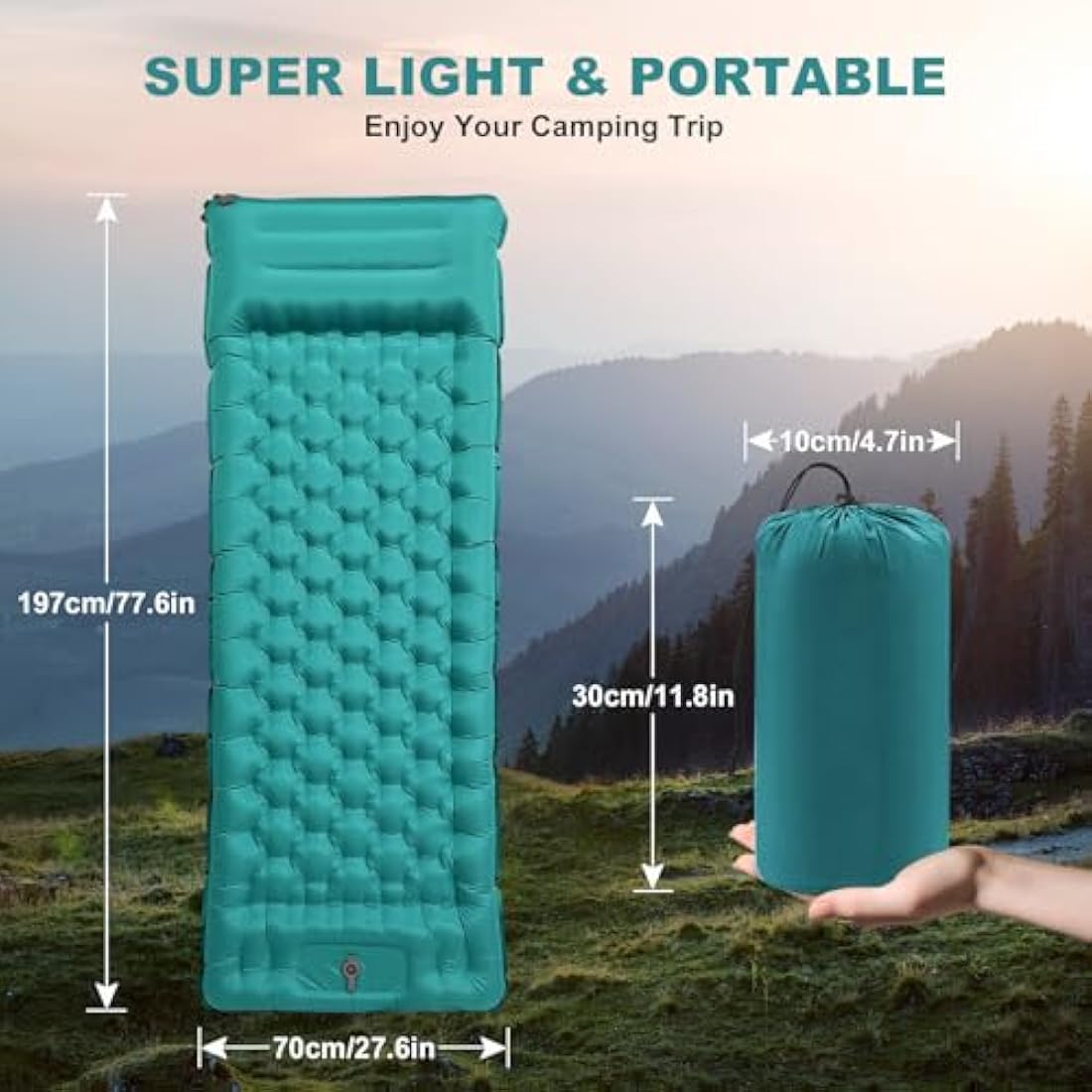Camping Sleeping Pad with Pillow: Extra Thick 12cm Ultra-Light Self Inflating Air Mat, Lightweight Compact Inflatable Sleep Mattress with Built-in Pump Ultimate for Camping, Hiking (Peacock Blue)
