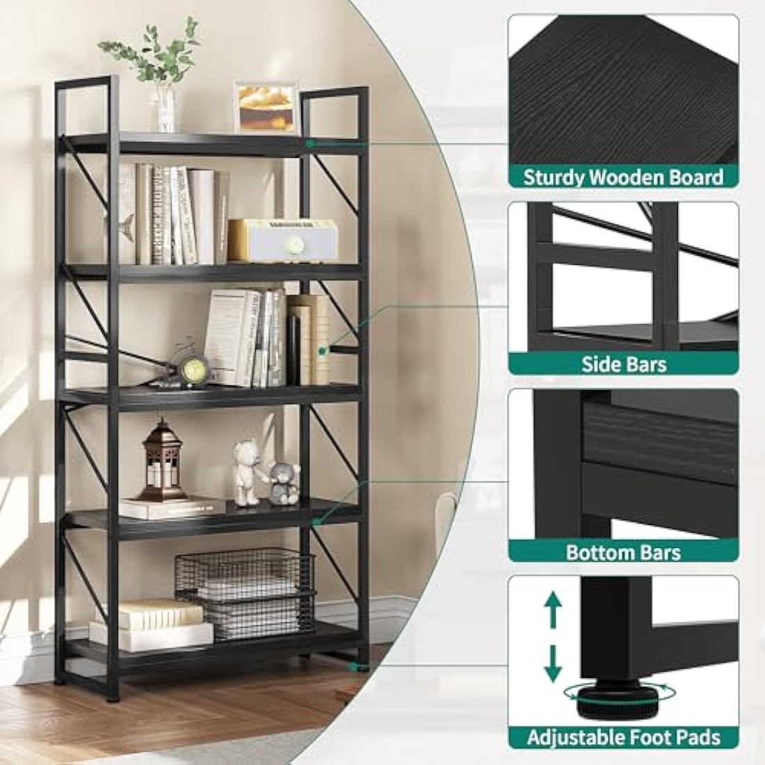 YITAHOME Bookcase 5 Tiers, Industrial Book Shelf Large Floorstanding Book case Wooden Shelf and Metal Frame Shelving Unit Display Storage Rack for Living Room, Home Office, Black Bookshelf