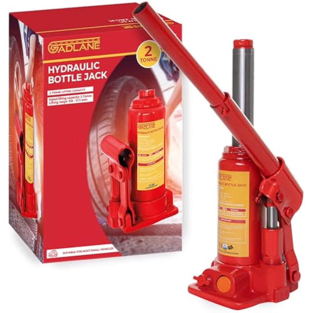 GADLANE Hydraulic Bottle Jack 2 Tonne - Powerful, Durable Alloy Steel Hydraulic Jack with 2 Tonnes Lifting Capacity (2000kg), Safety Overload Valve & Quick-Fit Handle - For Small Cars/Vans - 2 Tonne