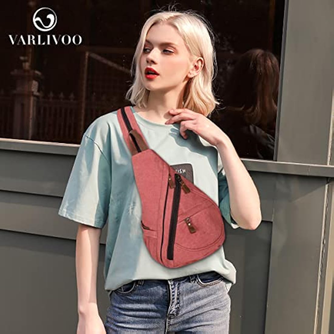 VARLIVOO Men's Sling Bag Chest Bag Women Shoulder Bags Crossbody Bag Travel Hiking Mountaineering Camping Cycling School Canvas Daypack Sling Backpack Rose Red