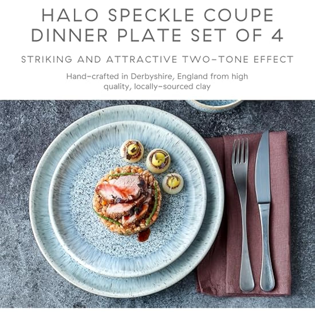 Denby - Halo Speckle Dinner Plates Set of 4 - Grey, Neutral Patterned Coupe Dishwasher Microwave Safe Crockery 26cm - Glazed Ceramic Stoneware Tableware - Chip & Crack Resistant