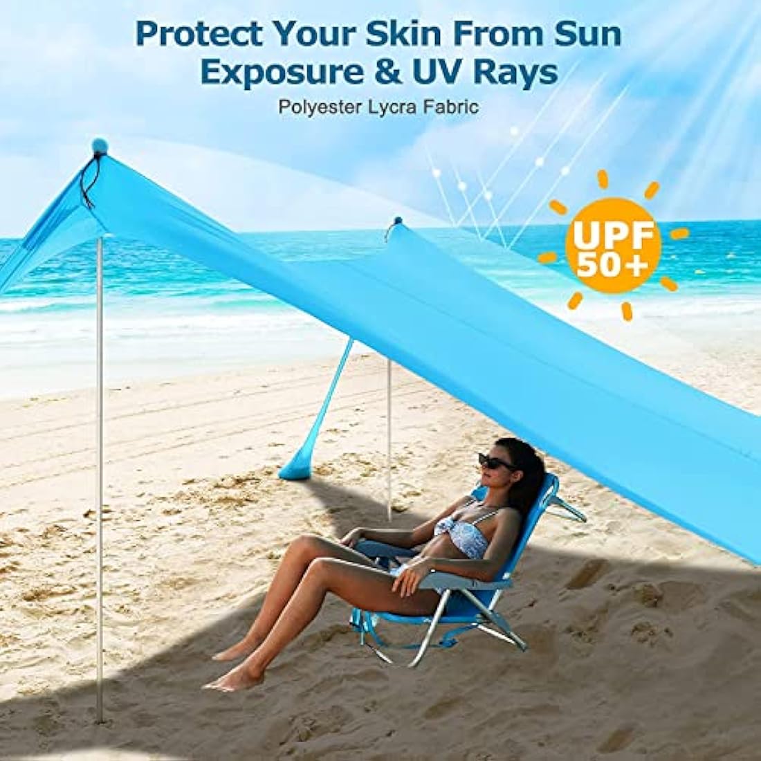 COMMOUDS Beach Tent Sun Shelter, UPF50+ Beach Shelter Canopy 2.1m x 2.1m, Portable Beach Umbrella Sun Shade with 4 Aluminum Poles, Easy Set Up Family Shelter for Beach, Camping, Fishing, Outdoors