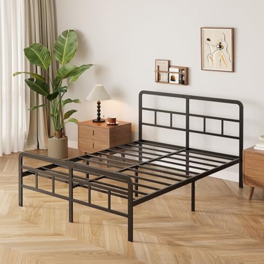 Yicensen Super King Bed Frame with Curved Headboard and Footboard 180x200 cm, Black Super King Platform Bed with Heavy Metal Slats for Stable Support, No Box Spring Needed, Noise Free, Easy Assembly