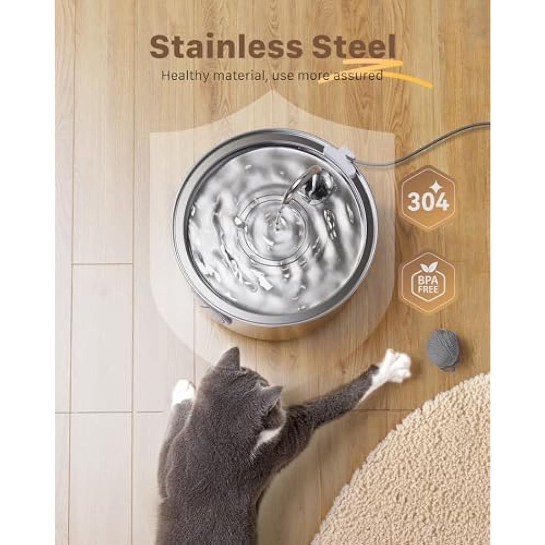 Cat Water Fountain Stainless Steel: Water Fountain Cat Bowl - 3.2L Drinking Fountains for Cats - Pet Water Dispenser - with 6 Carbon Filters + 3 Sponges