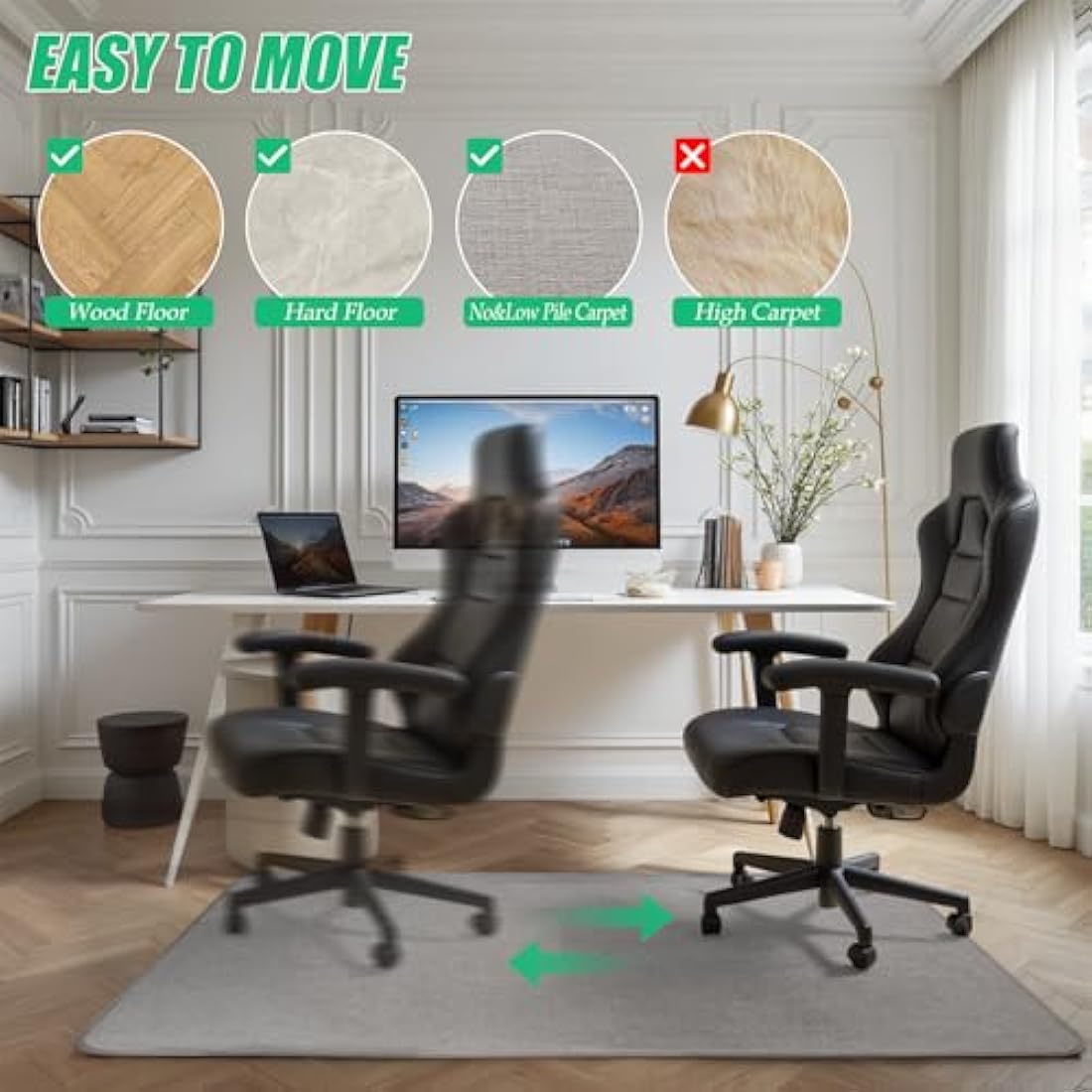 Kuyal Heavy Duty Office Chair Mat for Hardwood Floor, 36" x 48" Tri Fold Desk Chair Mat for Hard Wood, Anti-Slip Computer Chair Mat for Office Home, Light Gray