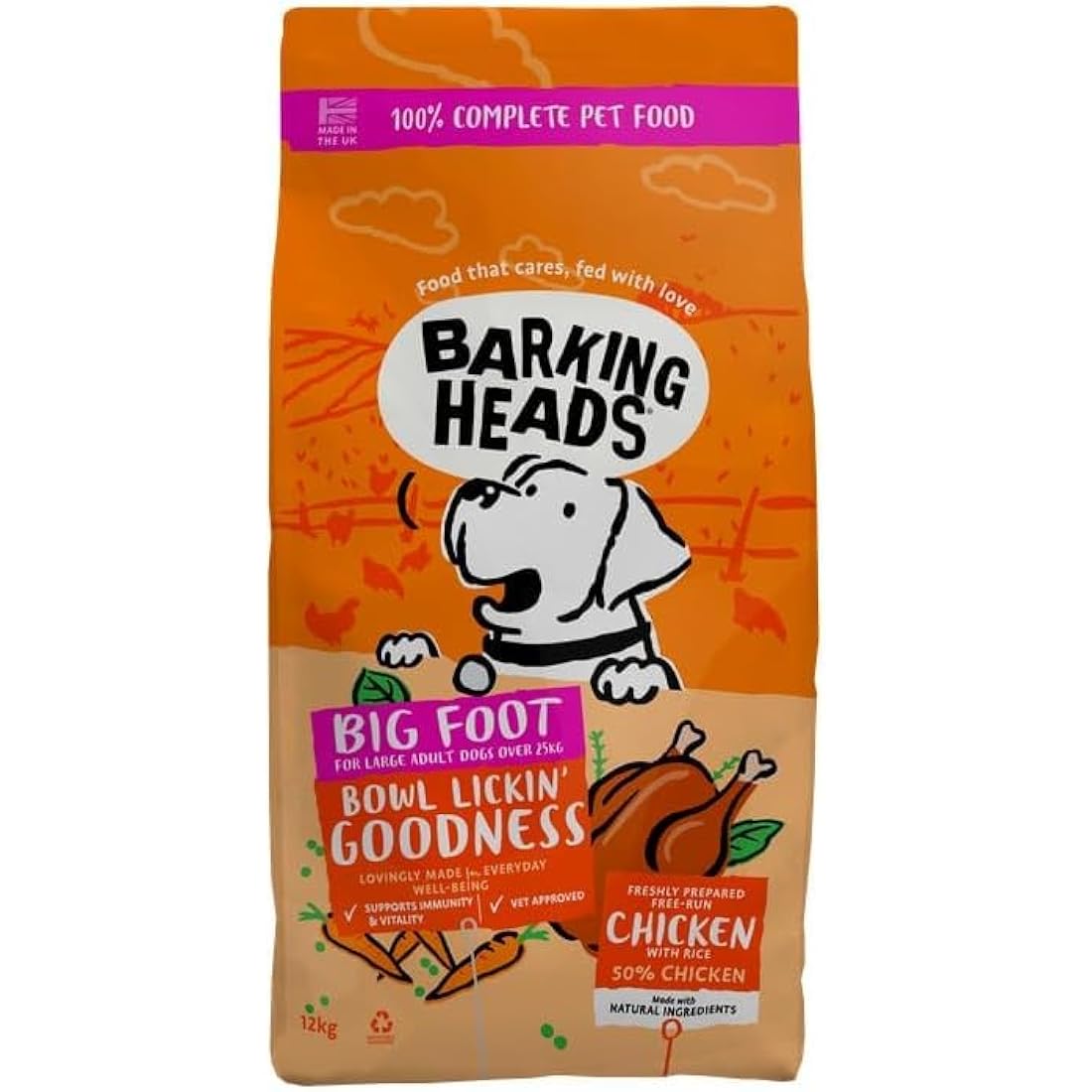 Barking Heads Complete Dry Dog Food 12kg - Adult Big Foot (Large Breed) Bowl Lickin' Goodness Chicken - Natural Everyday Immunity & Vitality - Vet Approved