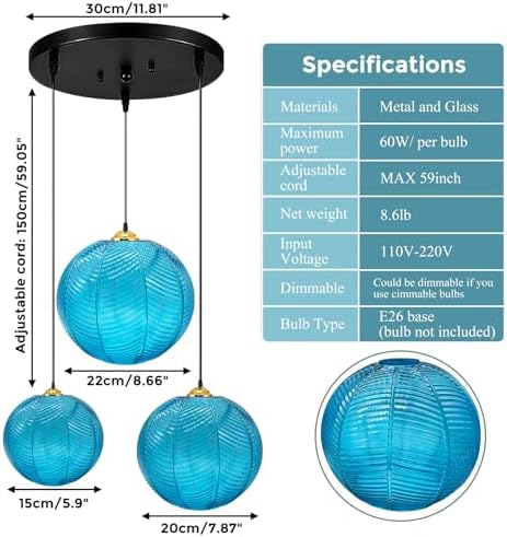GCQ 3 in 1 Large Glass Pendant Light Fixtures, Blue E26 E27 GlassChandelier Mid Century Modern Chandelier Ribbed Blown Glass Globe Shade Hanging Light Ceiling for Living Room Restaurant Bar