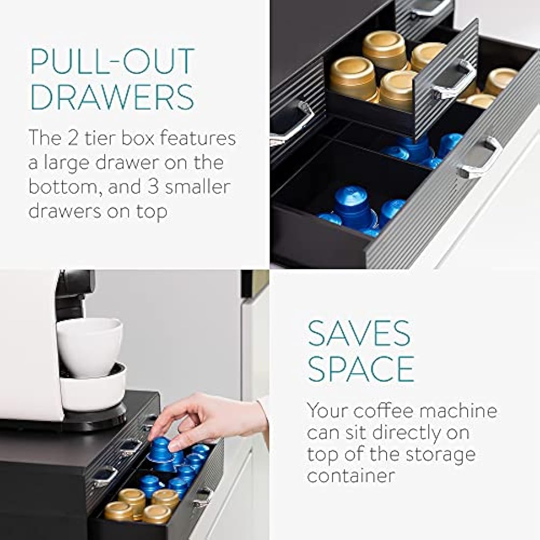 Navaris Coffee Pod Holder with 4 Drawers - Compatible with Nespresso, CBTL, K-Cups, Verismo - Capsule Storage Organiser 2-Tier Container Box - Black
