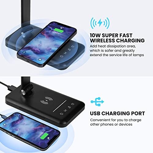 BIENSER LED Desk Lamp with Night Lighting, Fast Wireless Charger, USB Charging Port, 10 Brightness, 5 Color Modes, Dimmable Desk Lamps for Home Office, Touch Control, Auto Timer, 1200Lux Super Bright