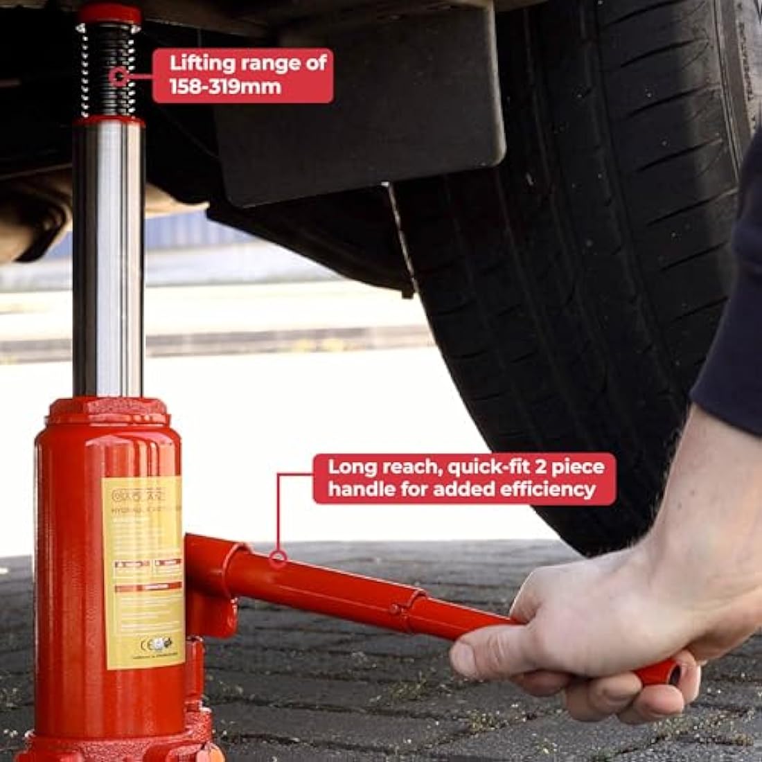 GADLANE Hydraulic Bottle Jack 2 Tonne - Powerful, Durable Alloy Steel Hydraulic Jack with 2 Tonnes Lifting Capacity (2000kg), Safety Overload Valve & Quick-Fit Handle - For Small Cars/Vans - 2 Tonne
