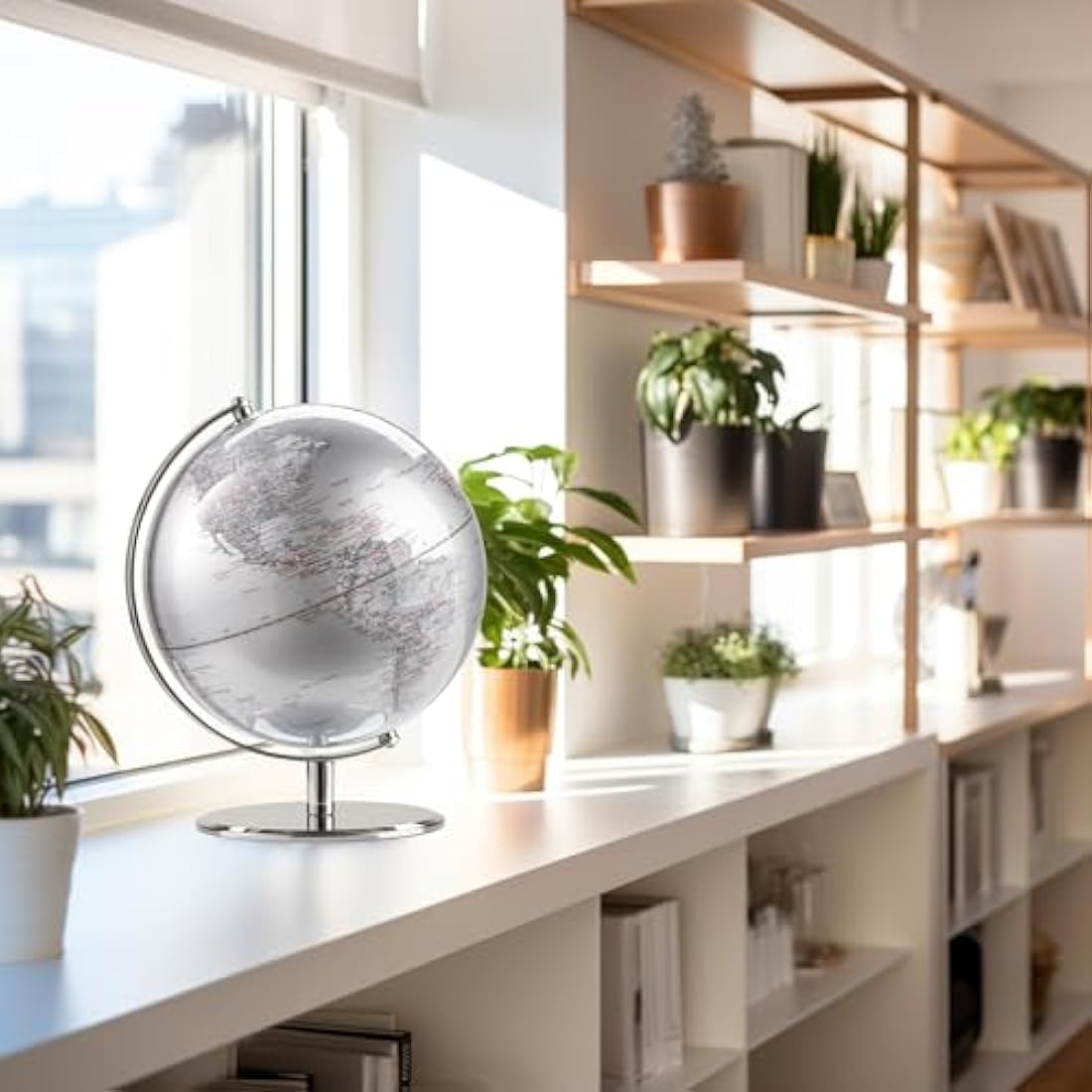 Torre & Tagus 8" Silver Desk Globe For Office Home on Metal Stand - Earth Globes For Adults as Home Decor Educational Home Earth Globe, World Globes With Stand For Living Room, Home Office (Latitude)