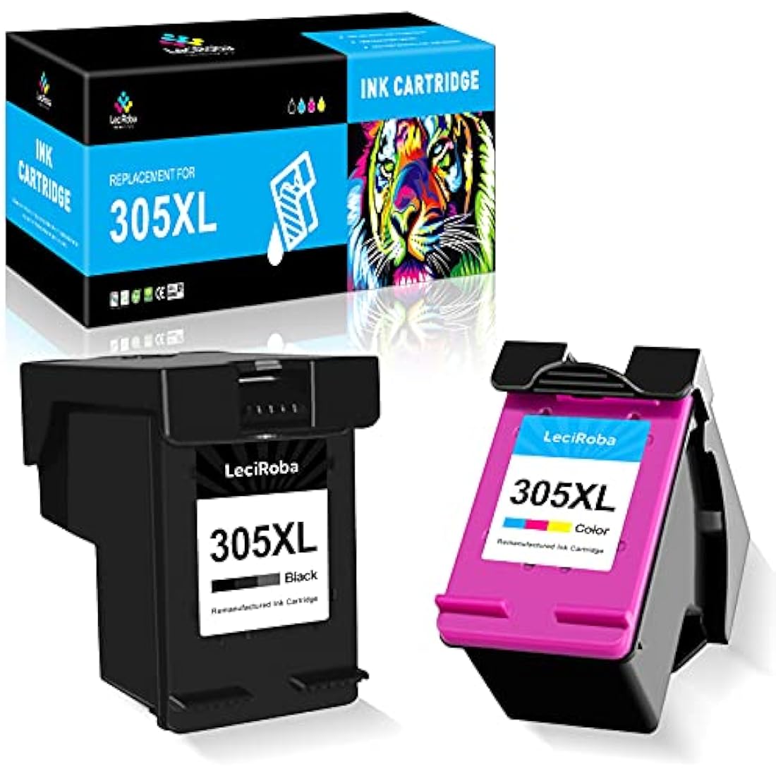LeciRoba 305XL for Hp 305 305XL Ink Cartridges Black and Colour, for HP Deskjet: 1210 2710 2720 2721 2722 4130 Envy: 6010 6020 6032 6420 6475(Remanufactured, 1-Black, 1-Colour)