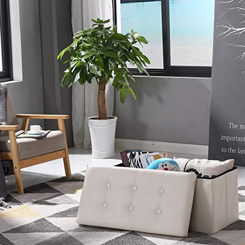 BRIAN & DANY Faux Leather Ottoman Storage Box, Toy Storage and Ottoman Bench with Cover - 76 x 38 x 38 cm (Cream)