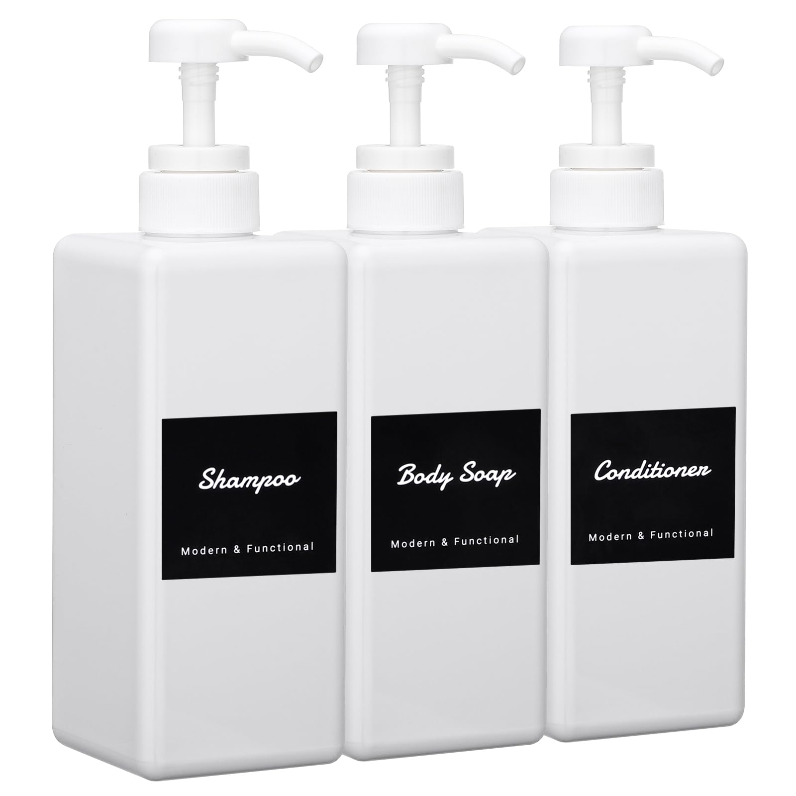 Segus White Soap Dispenser, 3 Pieces 650ml Shower Gel Dispenser, Hand Wash Bottles in Plastic, Shampoo Bottles with Pump, with Labels, Bathroom