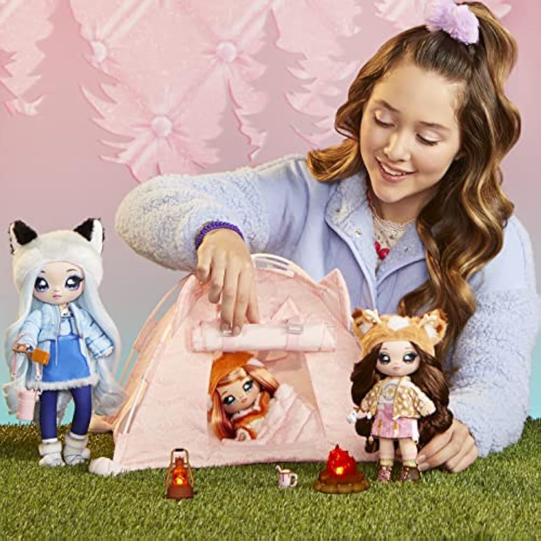 Surprise Camping Series - MYRA WOODS - Deer Inspired Soft Plush Fashion Doll with Brown Hair & Cosy Animal Sleeping Bag - Includes Outfit, Pillow, & Brush - Collectable - For Kids Ages 5+, 28 CM
