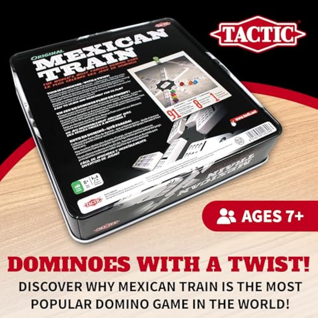 Tactic Mexican Train Domino Game for Kids, Adults, 2-8 Players - Portable, Compact Colored Domino Train Game in a Tin Box - Perfect for Game Nights, Get Togethers