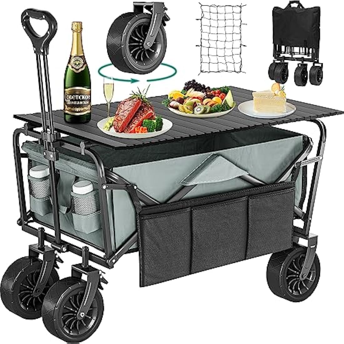 YITAHOME Beach Trolley with Big Universal Wheels, Folding Wagon with table 2 Drink Holders, Large Capacity 220 lbs Adjustable Handle Height, Festival Trolley for Outdoor Garden Picnics (Gray)