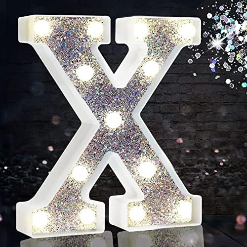LED Marquee Letter Lights, Light Up Silver Letters for Bedroom Glitter Gifts for Teenage Girls Alphabet Letter Sign Battery Powered Night Light Birthday Party Wedding Home Decoration, Silver Letter X