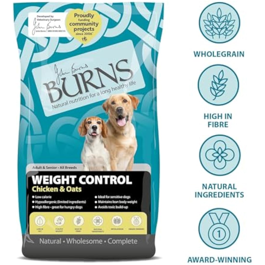 Burns Pet Nutrition Hypoallergenic Complete Dry Dog Food Adult and Senior Dog Weight Control Chicken and Oats 12 kg