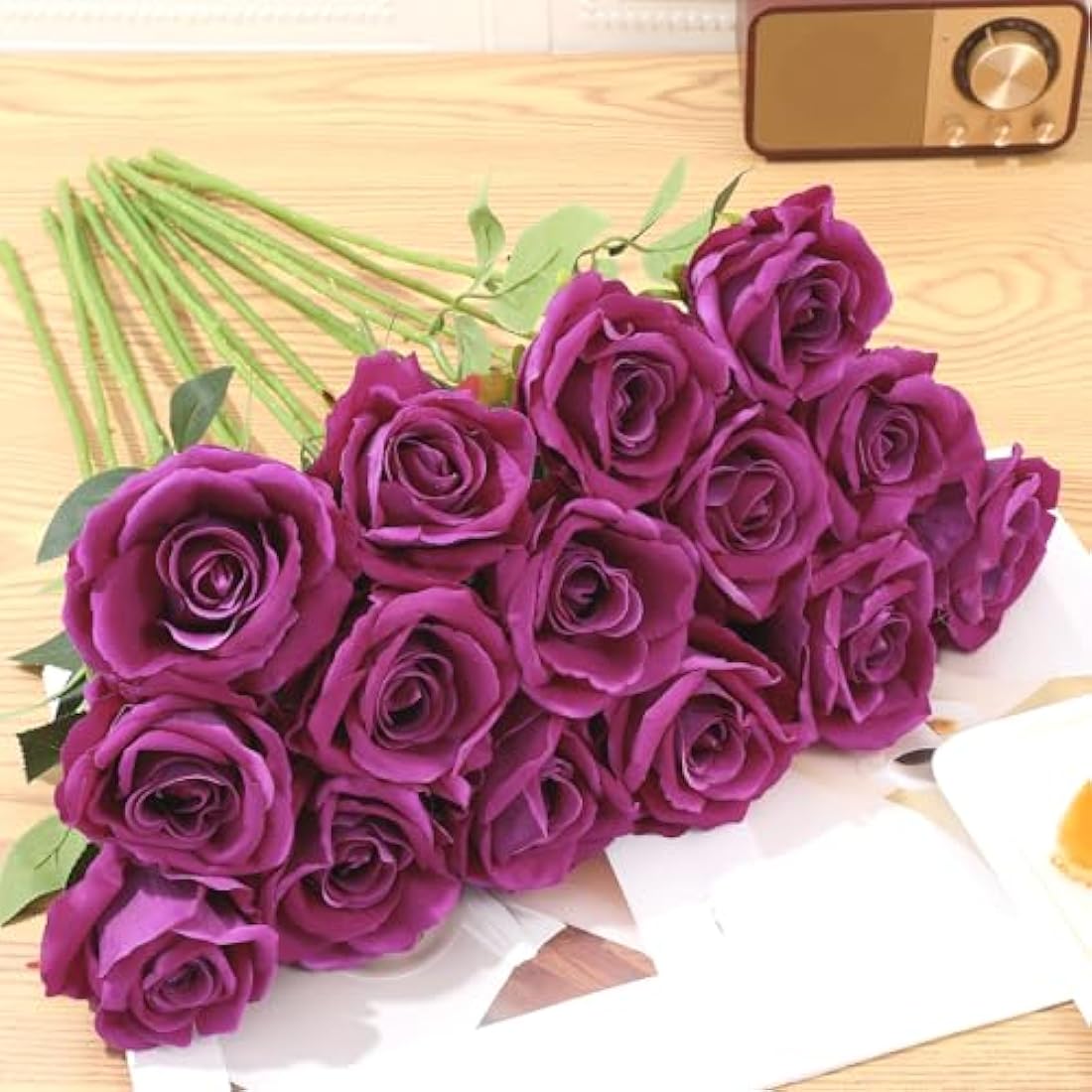 Cloudecor 15Pcs Fake Roses Velet Rose Long Stem Artificial Flowers Silk Flowers for Home Wedding Decoration (Round Roses，Purple)