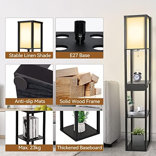 PULUOMIS Floor Lamp with Shelves, 3 Tier Storage Standing Lamp with LED Bulb, 2 USB Charging Ports and 1 Drawer, Modern Reading Lamp for Living Room, Bedroom, Office, Home Decoration, Black