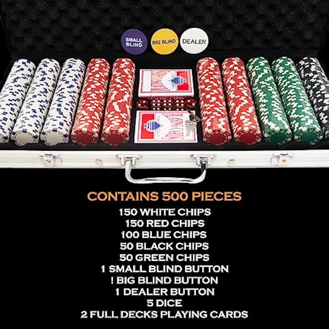 M.Y Texas Hold'em Poker Set - 500 Piece Set in Aluminium Case with 11.5g Heavyweight Poker Chips 2 Decks of Playing Cards Dealer Big Blind and Small Blind Buttons and 5 Dice