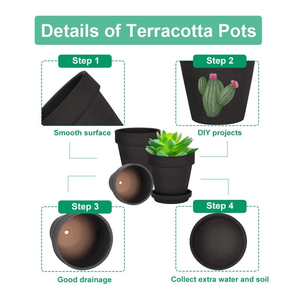 vensovo 15CM Black Terracotta & Clay Pots for Plant with Saucer - 4 Pack Medium Terra Cotta Planter with Drainage Hole, Flowerpot for Indoor Outdoor