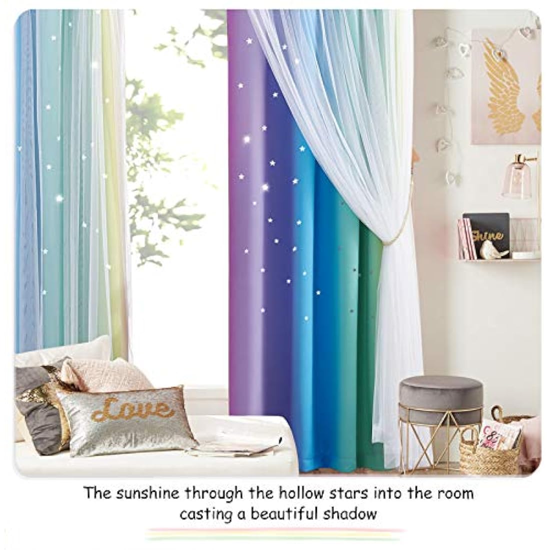 NICETOWN Kids Blackout Curtains - Stars Cut Out Thermal Curtains for Nursery Girls Boys Bedroom Living Room Rainbow Drapes with Eyelet, 2 Panels W52 x L84 Inch (132x213 cm), Purple Blue Green Yellow
