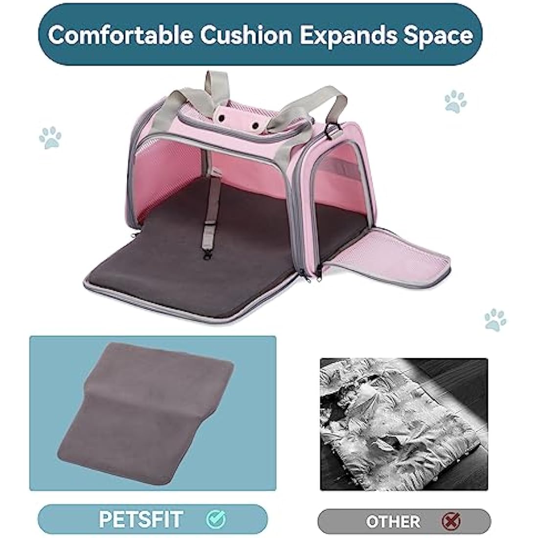 Petsfit Large Cat Carrier Up to 12KG, Pet Carrier with Extendable Fleece Mat,Small Dog Travel Bag Carrier with Safety Leash for Puppy for Car Use, Pink Cat Carrier
