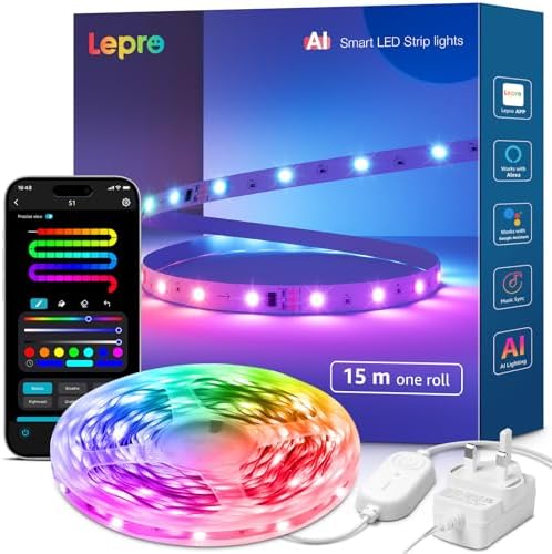 Lepro S1 AI Smart Rainbow LED Strip Light 15M one roll, App & Voice Control, Works with Alexa & Google Home, 30 LEDs/M, Music Sync, AI Lighting Design Assistant, MagicColor LED Lights for Bedroom